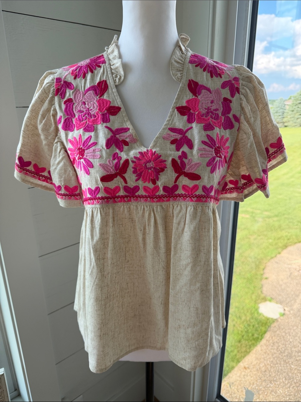 THML Cream Tunic with Bright Pink Floral Embroidery